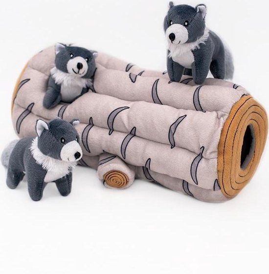 Zippy Paws Honden speelgoed - Interactief - Spel - Puzzel - Pinata - Wolf - Boomstam - Grijs