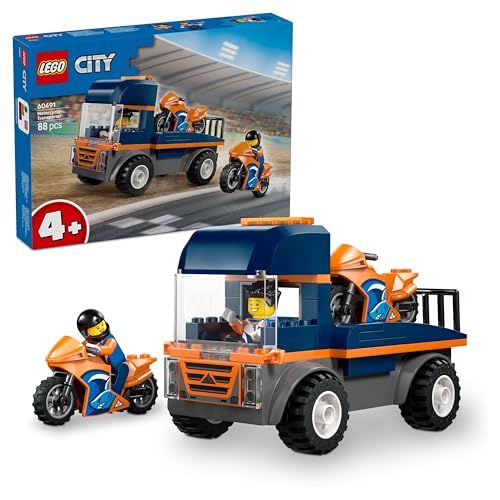 LEGO City Transportwagen voor Motoren - Fijne Motoriek Speelgoed met Vrachtwagen, Bouwpakket voor Kinderen met 2 Motors, 2 Minifiguren, Oprit en Accessoires - Cadeau voor Jongens vanaf 4 Jaar - 60491