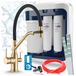 Aqualux Waterfiltersysteem met 3-wegs keukenkraan, model Ari, inclusief omgekeerde osmose, keramische filterpatroon, 360 graden draaibaar, perlator, messing, geborsteld goud