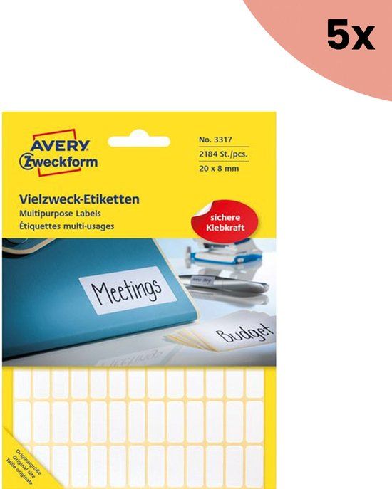 5x Avery Zweckform etiketten 20x8mm wit - 2184 etiketten per pakje