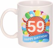 Bellatio Decorations Shoppartners Bv 59 jaar Verjaardag koffiemok - cadeau beker - feestelijke ballonnen print - 300 ml - keramiek - wit