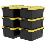 Cetomo 35L x 6 opbergdozen, plastic opbergdoos met deksels, container met handvat voor gereedschap, buiten, tuin, huis, stapelbaar, nesten, zwart en geel, 35L (6 stuks)