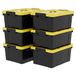 Cetomo 35L x 6 opbergdozen, plastic opbergdoos met deksels, container met handvat voor gereedschap, buiten, tuin, huis, stapelbaar, nesten, zwart en geel, 35L (6 stuks)