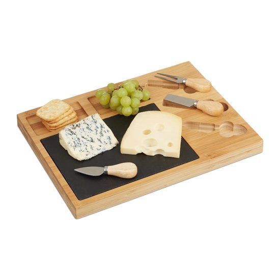 Relaxdays Kaasplank Set - Kaasplankje - 3 Kaasmessen - XL Bamboe Serveerplank - Leisteen