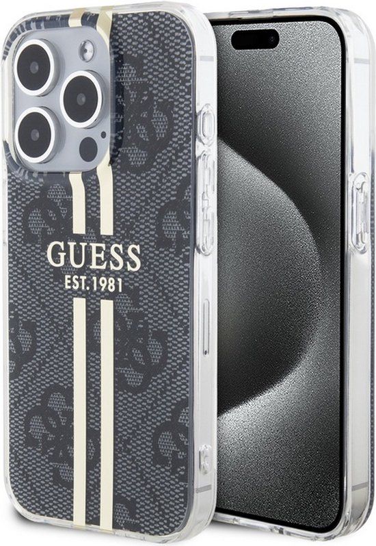 Guess 4G Gold Stripe Back Case - Apple iPhone 15 Pro - Black