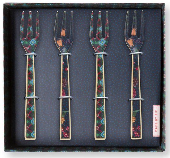 Pip Studio Berry Blues Set of 4 Cake Forks Enamelled - Gebaksvorkjes set van vier - Donkerblauw bloemen