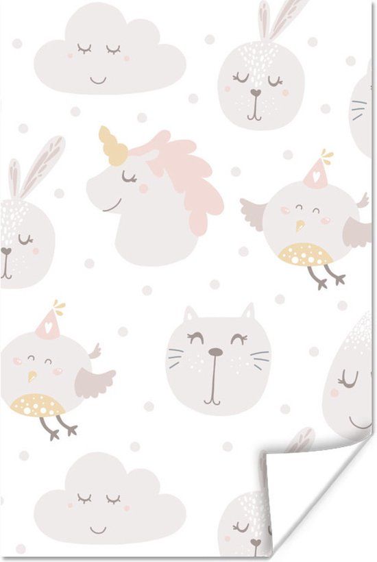 Poster Dieren - Pastel - Design - Kinderen - Jongens - Meisjes - Baby - 20x30 cm - Poster Babykamer