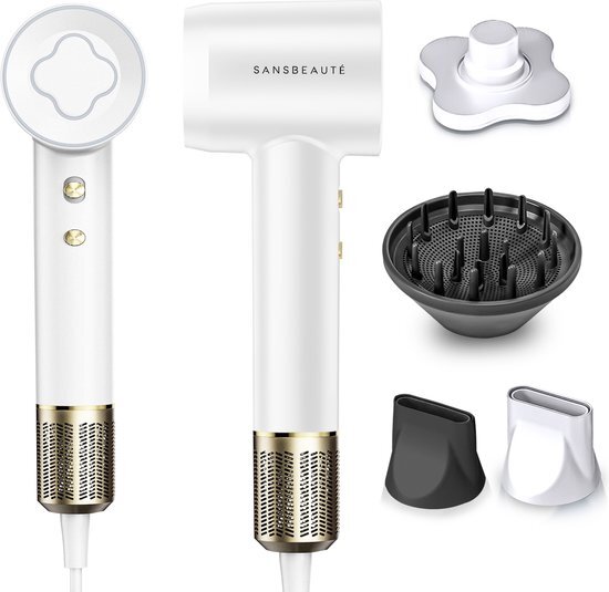 Sansbeauté® Föhn met Diffuser – Krullen – 110.000RPM - Ionische Haardroger met Borstel - 3 Standen - 3 Opzetstukken – Reisföhn - Coolshot – Haarföhn met Diffuser – Hair Dryer - 2000W - EssentiaPRO®