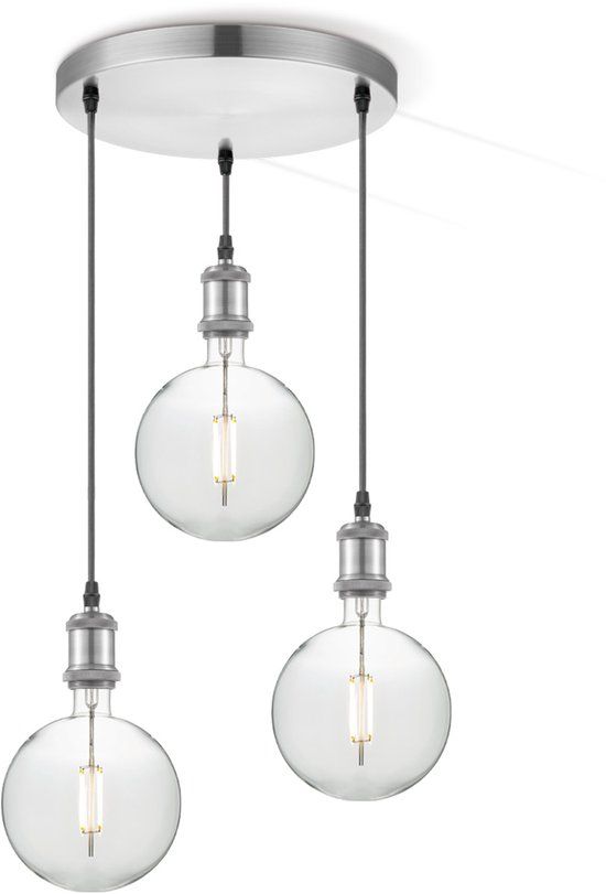 Home Sweet Home Hanglamp Geborsteld Staal Vintage Rond Globe - Inclusief 3 LED Filament Lampen G125 - Dimbaar - Pendel Lengte 100 cm