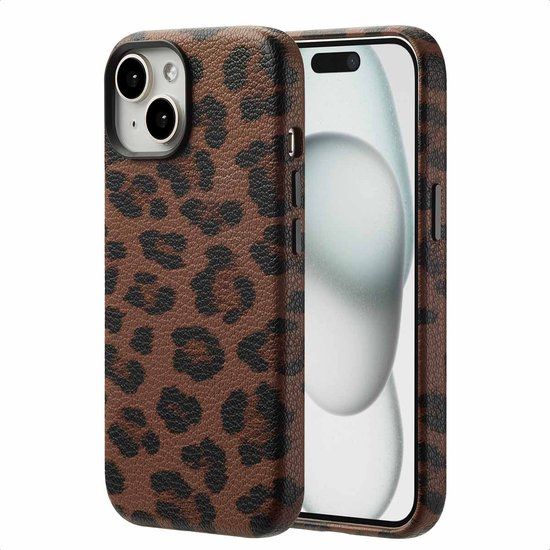 Selencia Sabi Backcover Panterprint met MagSafe voor de Apple iPhone 15 - Mocha Brown