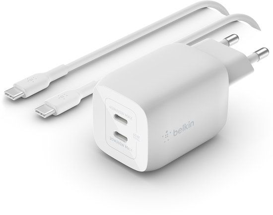 Belkin Boost-Up Charge Pro Adapter - 2x USB-C - 65W - White - With USB-C to USB-C Cable