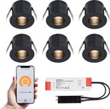 HOFTRONIC Set van 6 Betty Smart LED Mini Inbouwspots - Zwart - 12V 3W 140lm - Dimbaar - Wifi & Bluetooth - 2700K - IP44
