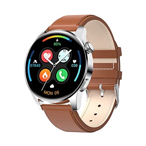 JUSHZ Android Smart Horloge voor Mannen Smart Horloges voor Vrouwen Smartwatch met Call Functie Oproep en Tekst Polsband Bluetooth Bellen Spelen Muziek Neem Foto's Stap Tellen, Bruin B