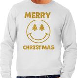 Bellatio Decorations Foute Kersttrui/sweater voor heren - Merry Christmas - grijs - glitter goud - Smile / Emoticon XXL