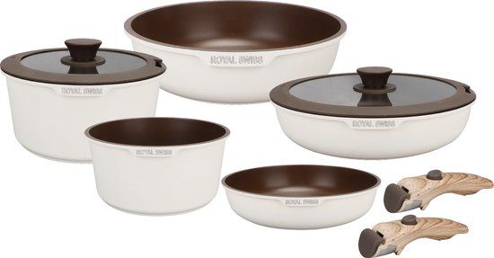 Royal Swiss® 9-delige Pannenset - Afneembare Handgreep - Geschikt voor Inductie & Alle Warmtebronnen - Beige