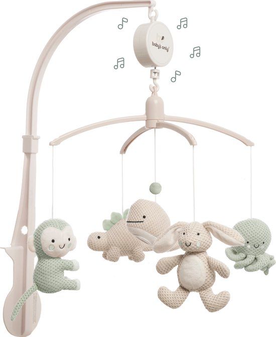 Baby's Only Muziekmobiel baby Animals - Boxmobiel - Laurel Green/Warm Linen - Gebreide figuurtjes - Muziek speelgoed - Melodie 'It's a small world'