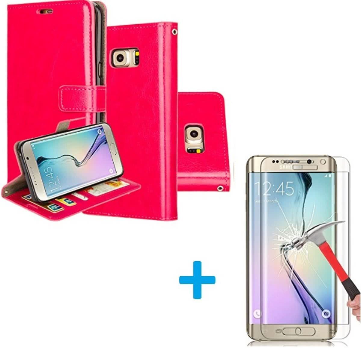 Aml Samsung Galaxy S6 Edge Portemonnee hoes roze met Tempered Glas Screen protector