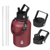 BJPKPK Geïsoleerde waterflessen met rietje deksel, 55 oz grote waterfles, roestvrijstalen vacuüm waterfles, warm & koud geïsoleerde waterflessen met 3 deksels en paracord handvat, baksteenrood