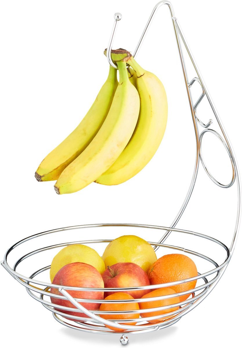 Relaxdays fruitschaal met bananenhaak chroom - metalen fruitmand met banaanhouder - modern