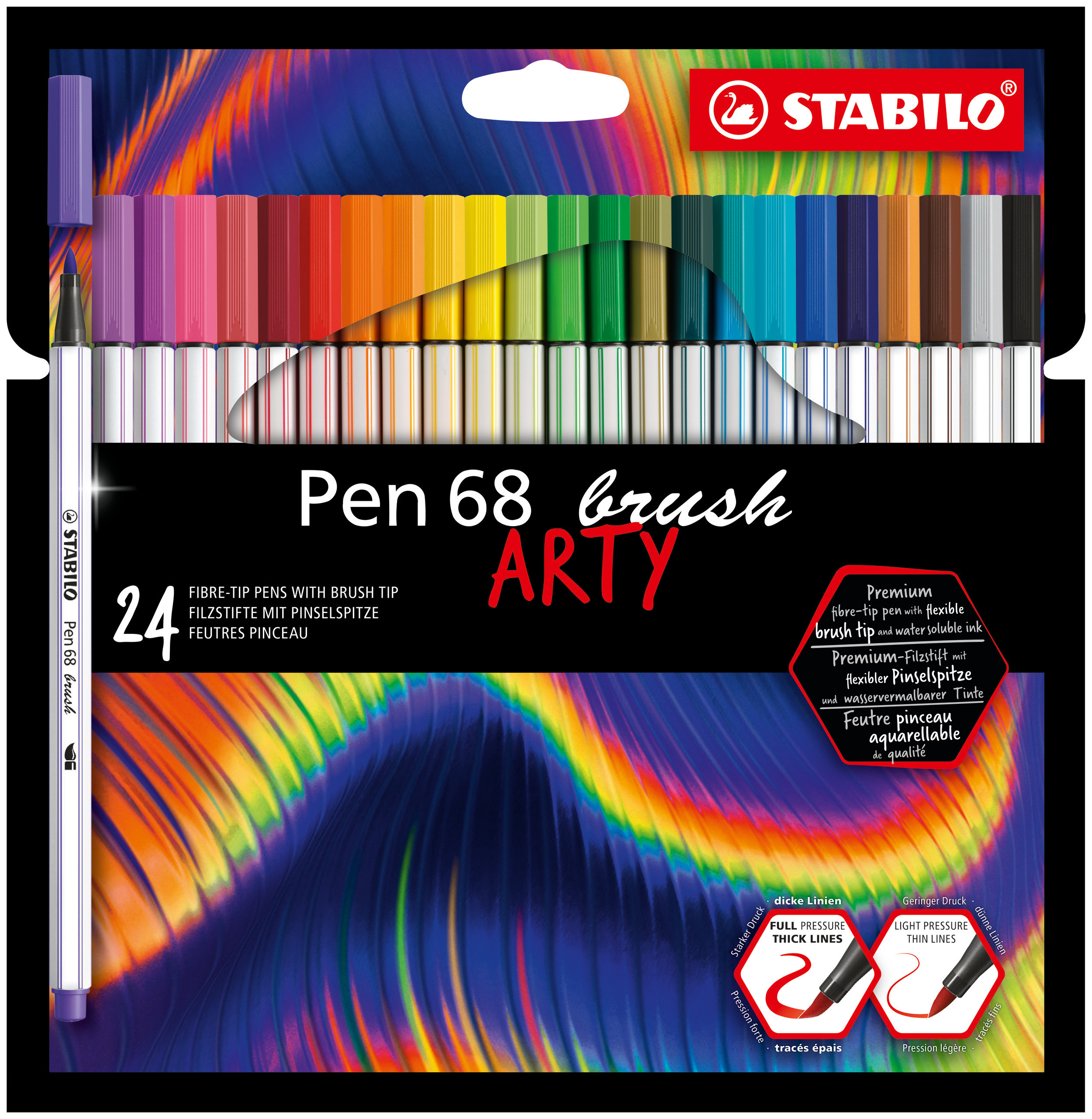 Stabilo Pen 68 brush, premium brush viltstift, ARTY etui met 24 kleuren