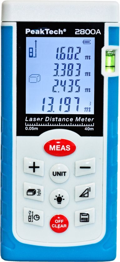 Peaktech 2800A: Laser-afstandsmeter tot 40 m met berekening van oppervlakte en volume