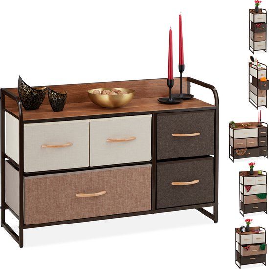 Relaxdays Bijzetkast - 5 Lades - Opvouwbare Manden - Bruin