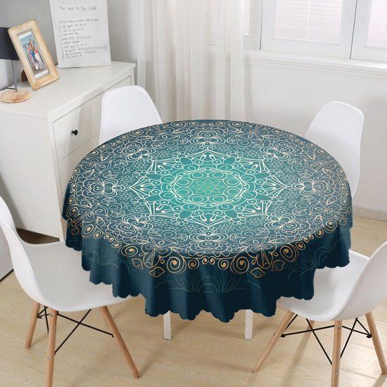 De Groen Home Tafelkleed Rond Ø140cm - Gold mandala - Velvet Textiel - Donkergroen/Donkerblauw