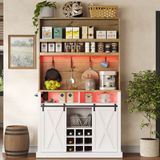 OKWISH Keukenkast – Hoge Kast Met LED, Stopcontact, USB En Vitrine – 110 x 40 x 191 cm – Wijnrek En Opbergruimte – MDF Naturel Wit