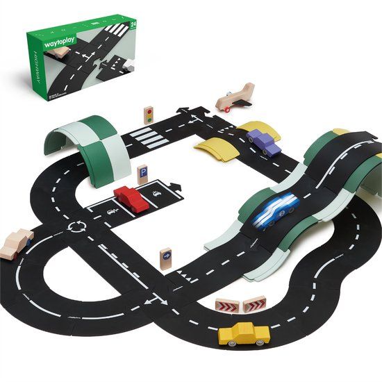 Waytoplay Highway - Flexibele Autobaan (24 Delen) - Zwart met Witte Strepen