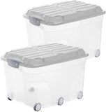 Rotho Roller 6 Set van 2 opbergboxen 57l met deksel en wielen, Kunststof (PP) BPA-vrij, transparant/grijs, 2 x 57l (60.0 x 40.0 x 37.0 cm)