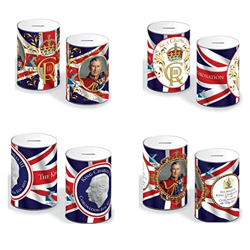 HK Online 4 x KING CHARLES III GELD TIN - Spaarvarken, LIMITED EDITION CORONATION Muntblik, Cash Tin, Spaarblik, Spaarpot, Verjaardagsgeld, Vakantie & Kerstfonds (4 KING CHARLES III)