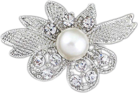 Fako Bijoux® Broche Bloem Met Parel Zilverkleurig 40x28mm Unisex