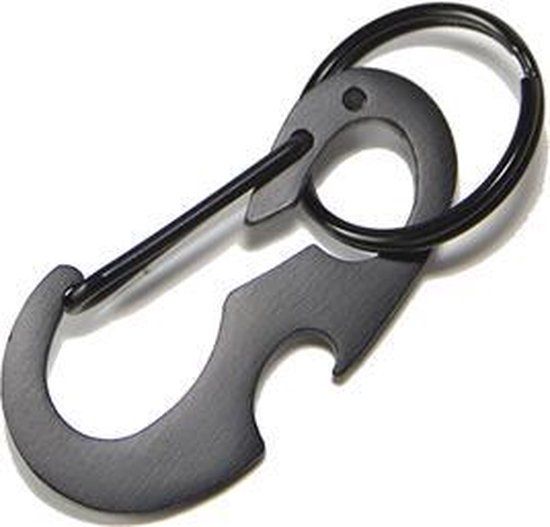 Sleutelhanger musketonhaak zwart met flessenopener en ring