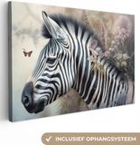 OneMillionCanvasses Canvas schilderij 150x100 cm - Zebra - Bloemen - Wanddecoratie - Rechthoekig