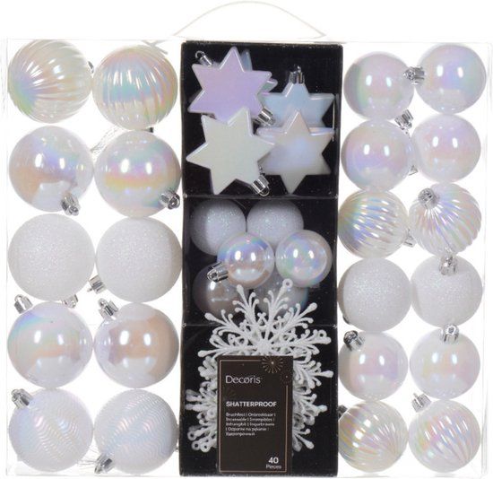 Decoris Kerstballen - 40 stuks - Parelmoer Wit - Kunststof - 6 cm - Mix