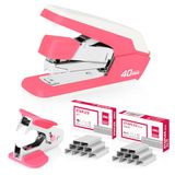 DELI Moeiteloze desktopnietmachine, zware nietmachine, 40-50 vel capaciteit, één vinger, geen inspanning, inclusief nietjes en nietverwijderaar, rozerood