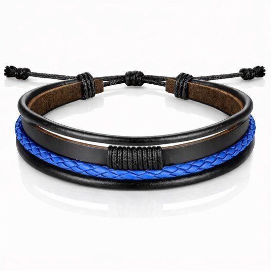 LGT JWLS LGT Jewels Heren armband Leer Zwart Blauw Verstelbaar Touw Multi armband