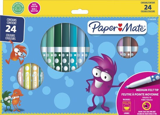 Paper Mate uitwasbare kinderviltstiften | Geweldig voor kinderen om te kleuren | Medium punt | Verschillende heldere kleuren | 24 stuks