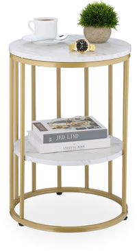 Merkloos Relaxdays Bijzettafel met opbergruimte - 57x40 cm - Marmer look - Woonkamer - Wit-Goud