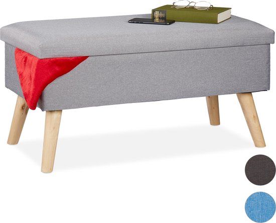 Relaxdays Hocker met Opbergruimte - Halbank - Zitbank - Zitkist - 40 l - Houten Poten - Lichtgrijs
