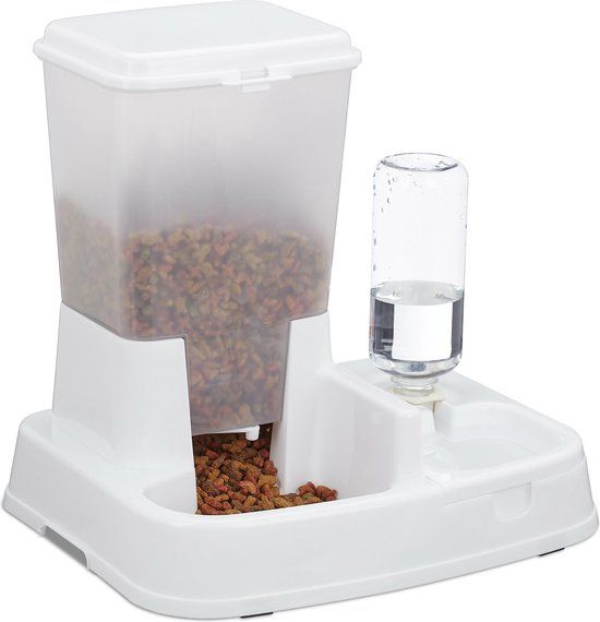 Relaxdays Voer- en drinkbak 2 in 1 voor honden en katten - Voederdispenser - Eetbak - Waterbak - Wit