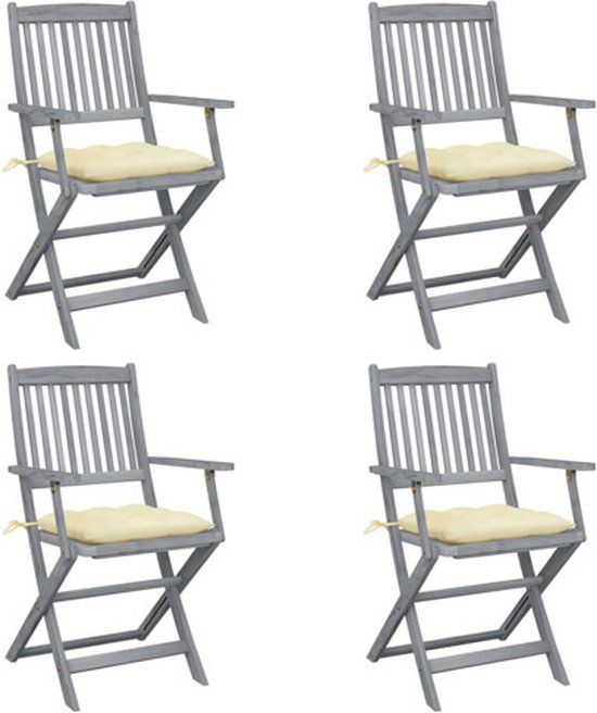 vidaXL Set van 4 klapstoelen met kussens, massief acaciahout, crème