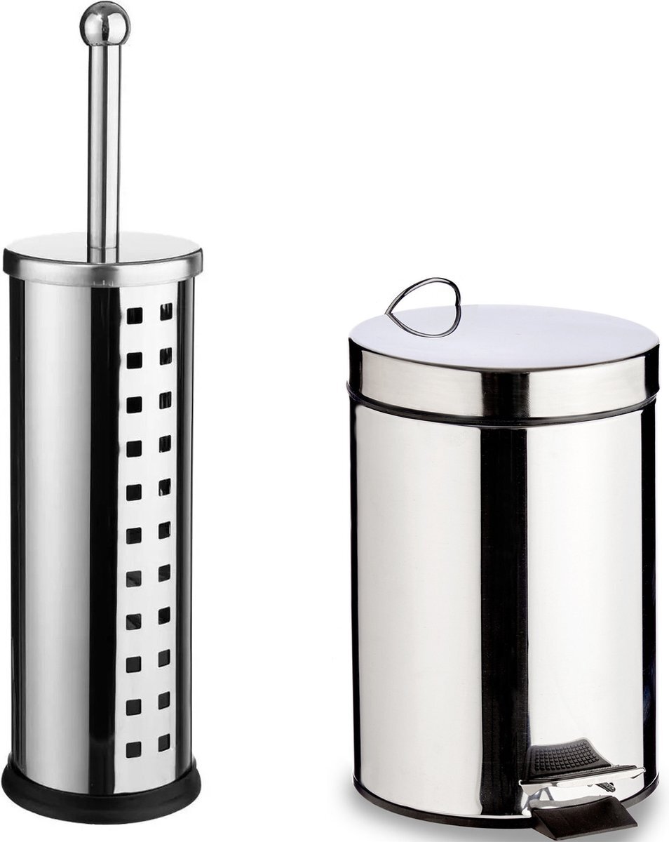 5five - Toiletborstel houder zilver rvs 39 cm met pedaalemmer 3 liter