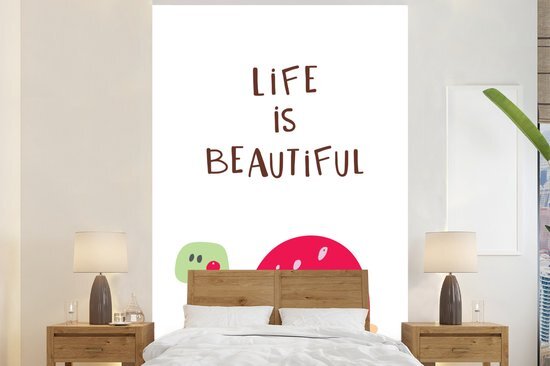 Nr1Wallpaper Behang - Fotobehang Illustratie met een schildpad en de quote Life is beautiful - Breedte 145 cm x hoogte 220 cm