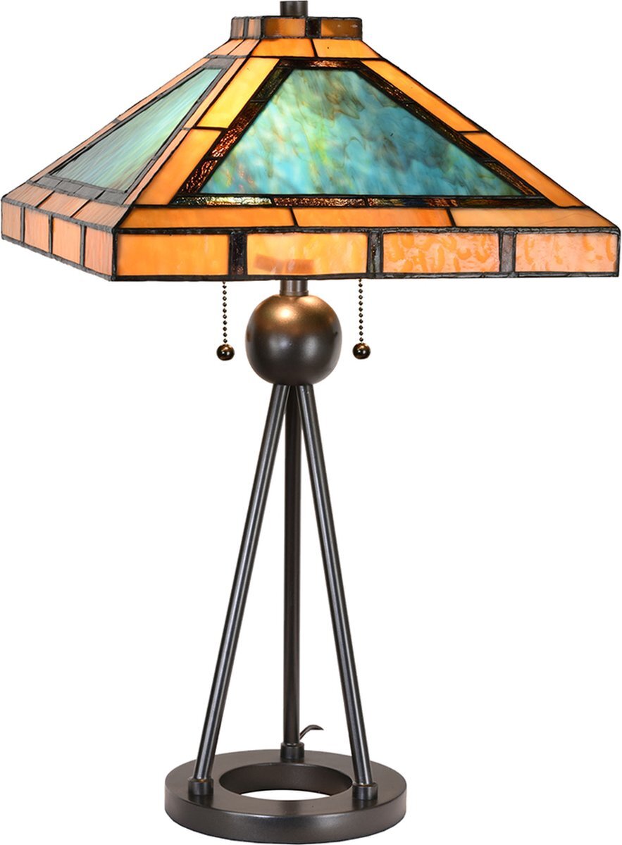 HAES deco - Tiffany Tafellamp 61x61x73 cm Groen Bruin Metaal Glas Tiffany Bureaulamp Tiffany Lampen