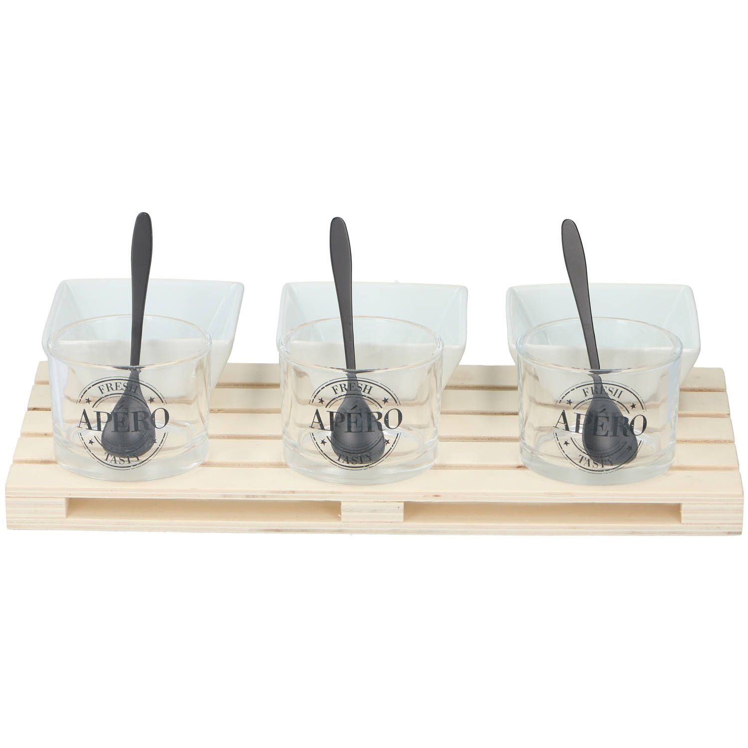 Alpina Kitchen & Home amuseset - 1 tray - minipallet - 3 glaasjes 3 bakjes 3 lepels - voor hapjes en amuses