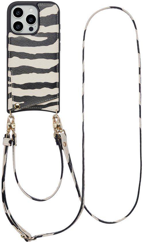 Selencia Hoesje - Geschikt voor Apple iPhone 16 Pro - Backcover met koord en pashouder - Zazzy Zebra