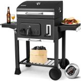 Charcoal grill - XXL grill cart - With lid - Thermometer - Smoker grill with 2 wheels - 2 storage compartments for camping and garden - Black