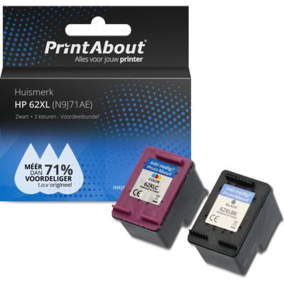 PrintAbout Huismerk HP 62XL (N9J71AE) Inktcartridge Zwart + 3 kleuren Voordeelbundel