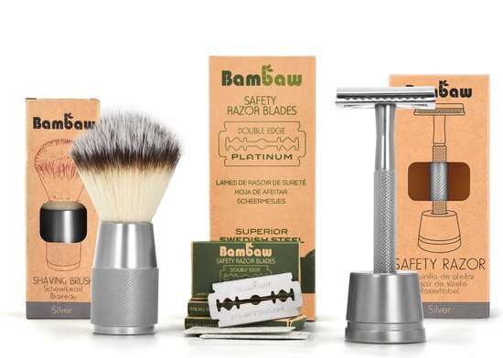 Bambaw Scheerset met Vegan Scheerkwast | Zilver | 100 Scheermesjes en Metalen Safety Razor met Scheermeshouder | Cadeau voor Feesten | Scheerborstel Vegan | Borstel voor Scheerschuim | Nat Scheren | Scheeremesjes Vrouw & Man | Set Cadeau voor man